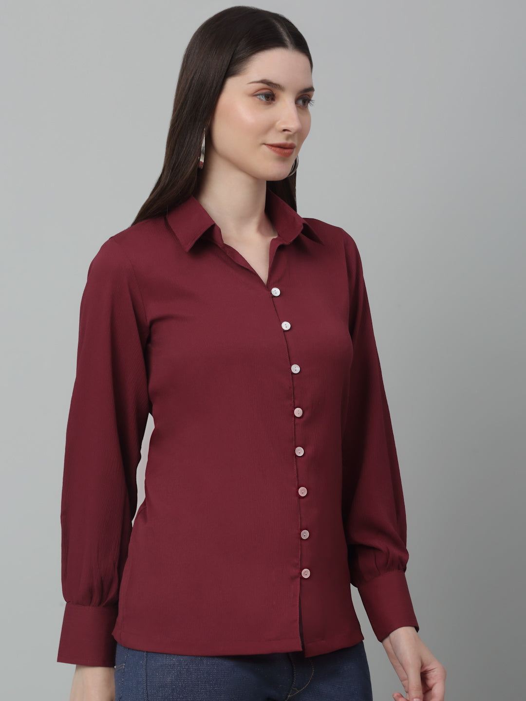 Jainish Women's Maroon Solid Casual Shirt