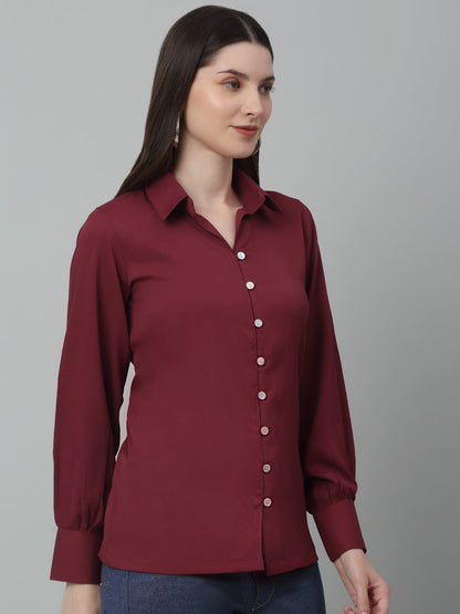 Jainish Women's Maroon Solid Casual Shirt