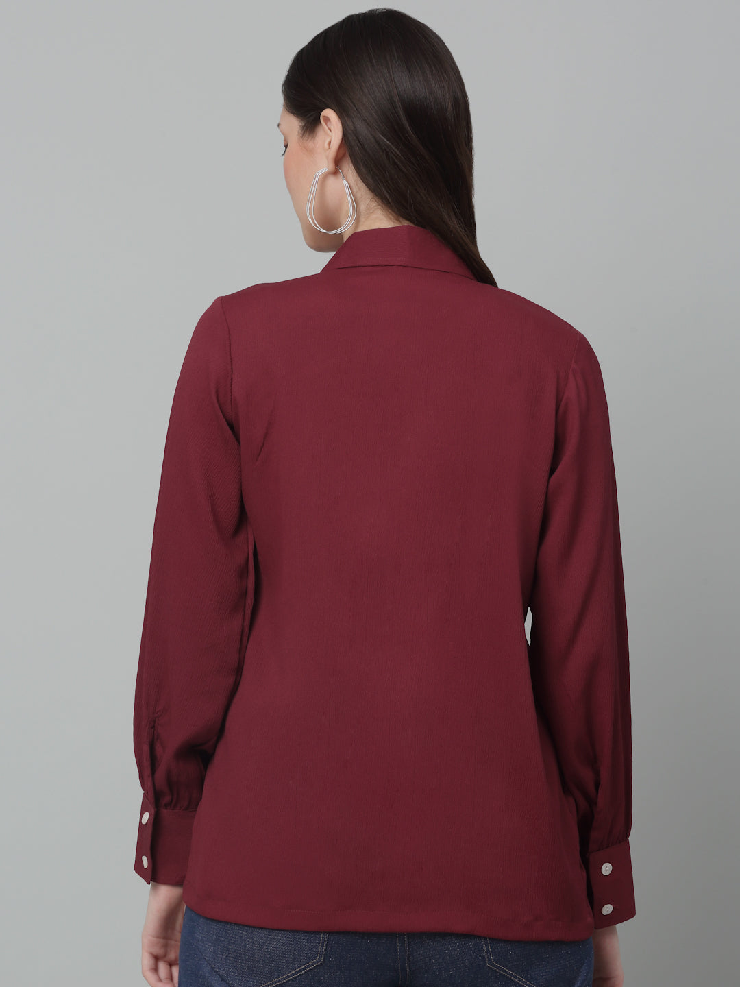 Jainish Women's Maroon Solid Casual Shirt
