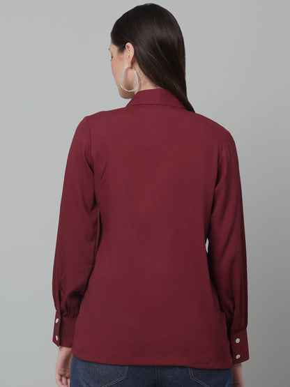 Jainish Women's Maroon Solid Casual Shirt