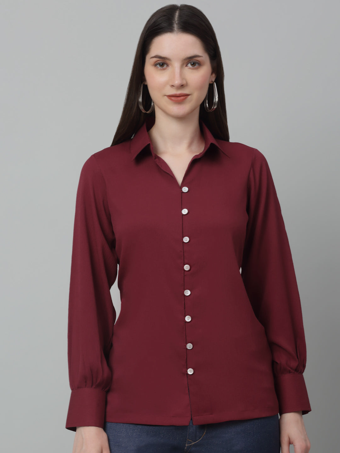Jainish Women's Maroon Solid Casual Shirt