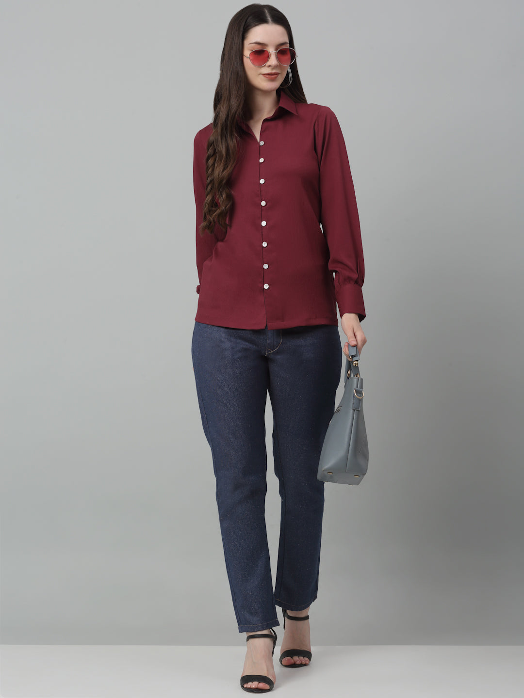 Jainish Women's Maroon Solid Casual Shirt