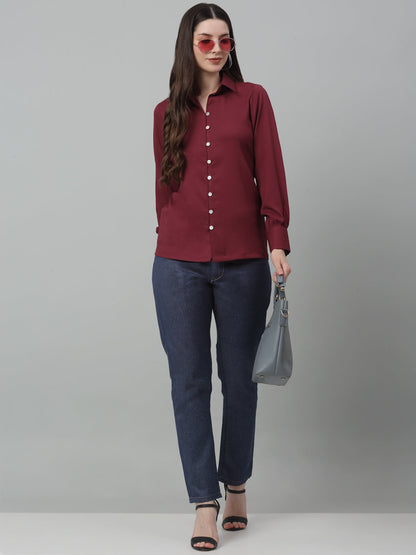 Jainish Women's Maroon Solid Casual Shirt