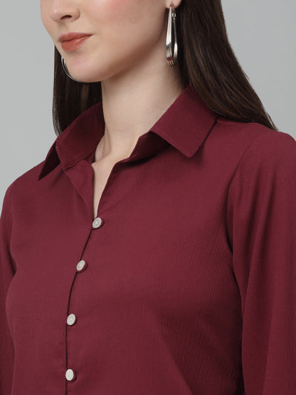 Jainish Women's Maroon Solid Casual Shirt