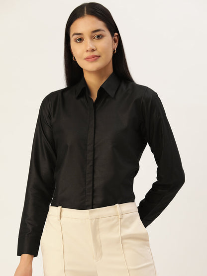 Jainish Women's Black Solid Shirt Style Top