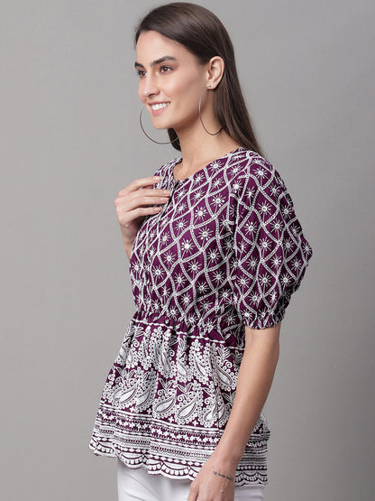Jainish Women's Chikankari Sequen Work Empire Top - Purple