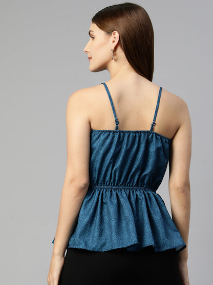 Jainish Women's Printed crop top with frills - Blue