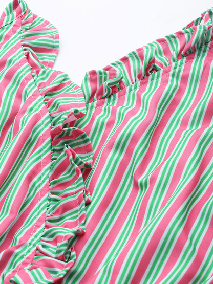 Jainish Women's Printed crop top with frills - Green-Peach
