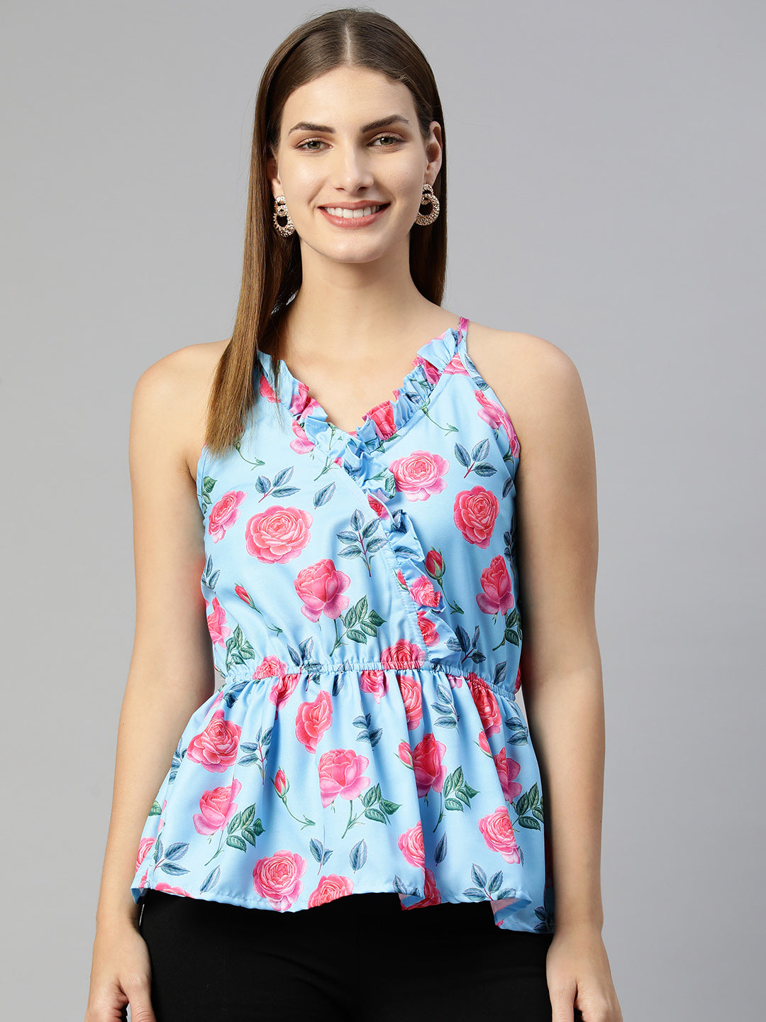 Jainish Women's Printed crop top with frills - Sky Blue