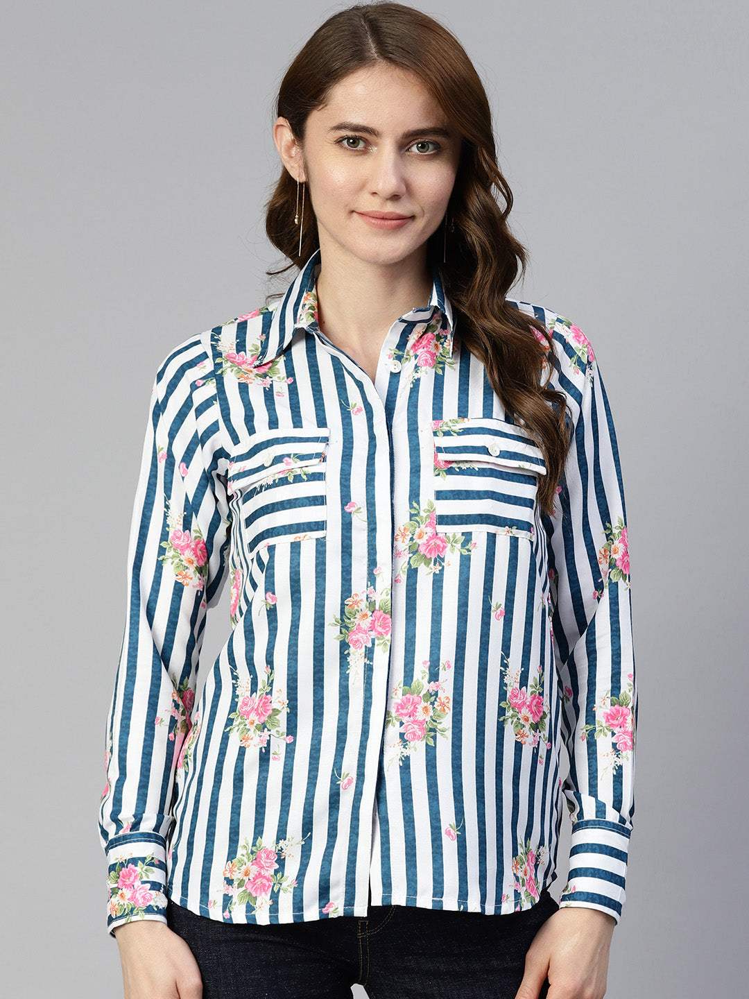 Jainish Women's Striped Double Pocket Shirt Style Top - Blue