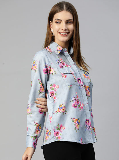 Jainish Women's Floral Double Pocket Shirt Style Top - Grey