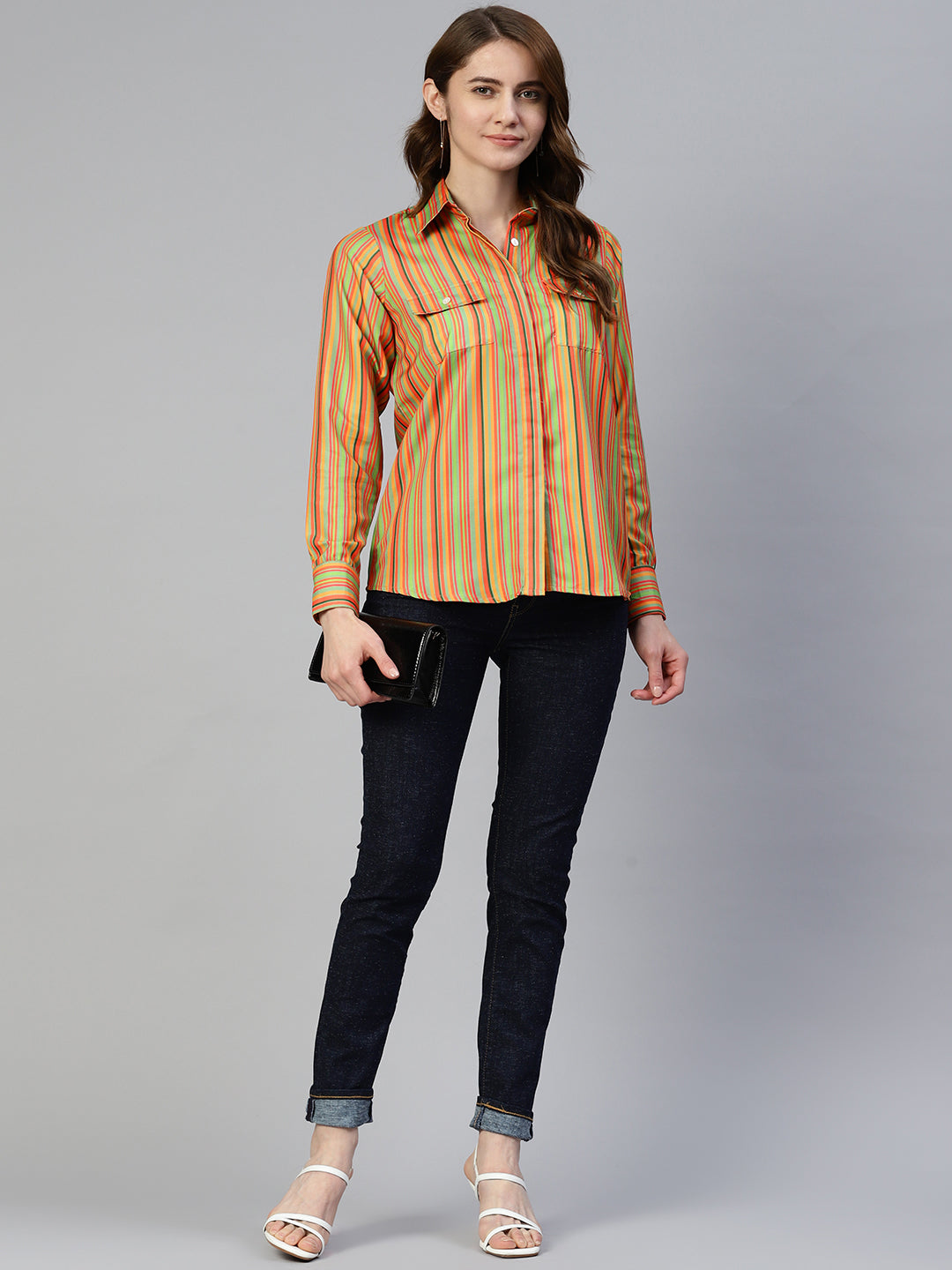 Jainish Women's Striped Double Pocket Shirt Style Top - Lime