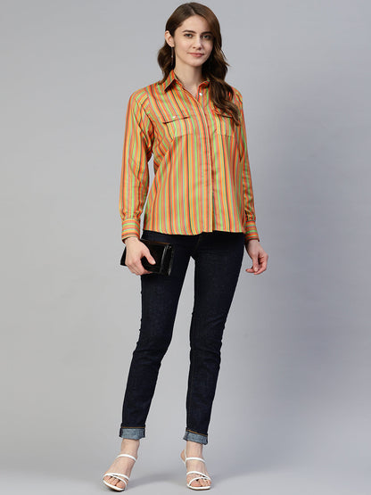 Jainish Women's Striped Double Pocket Shirt Style Top - Lime