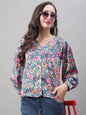 Jainish Women's Blue Printed Shirt Style Top