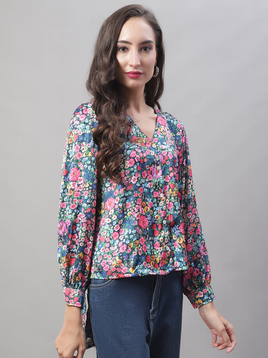 Jainish Women's Blue Printed Shirt Style Top