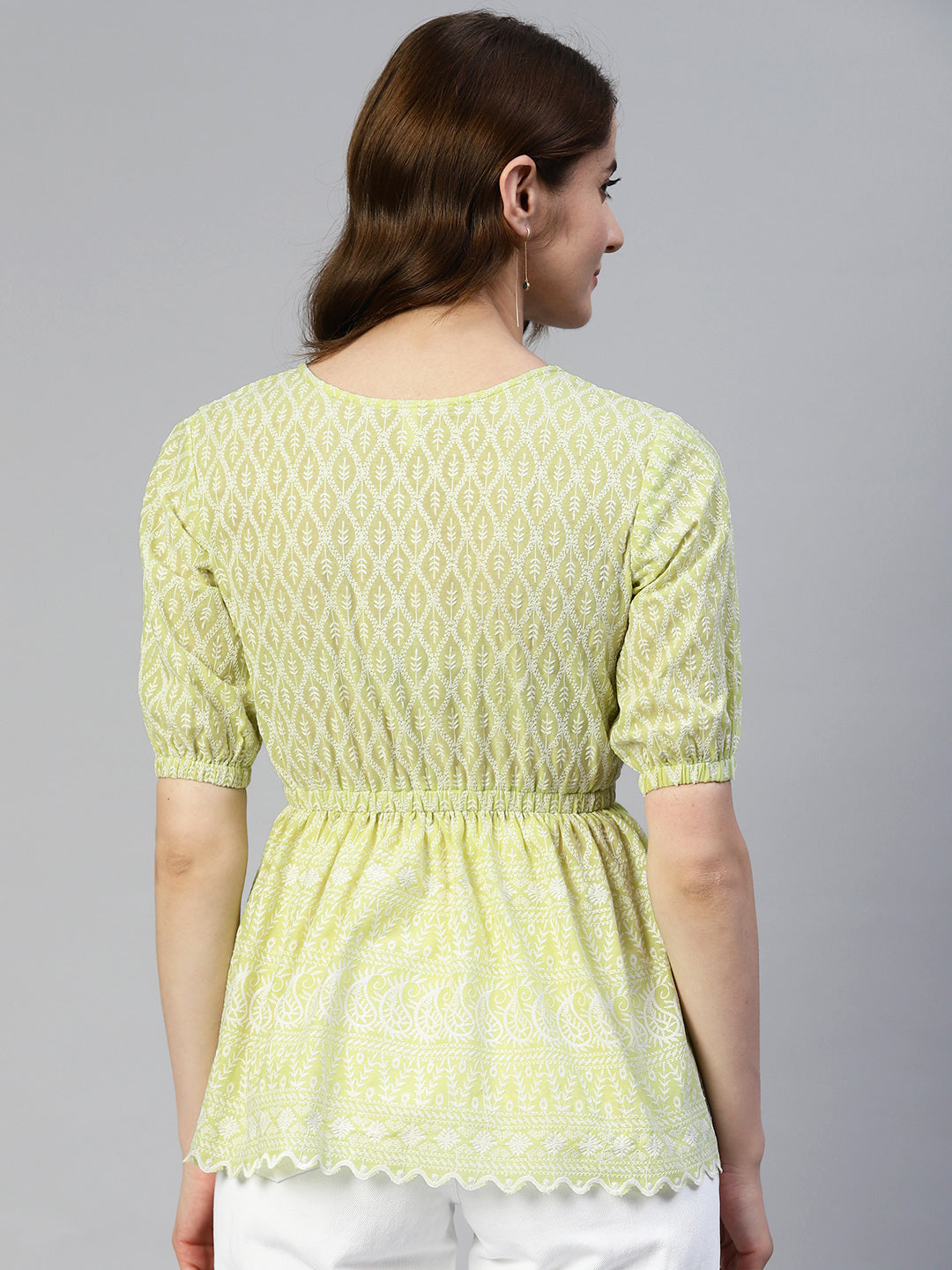 Jainish Women's Chikankari Work Empire Top - Green