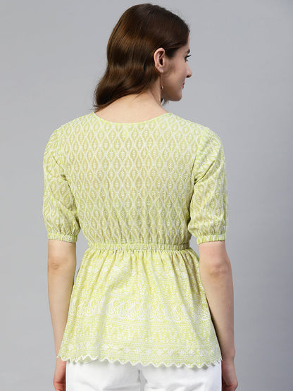 Jainish Women's Chikankari Work Empire Top - Green