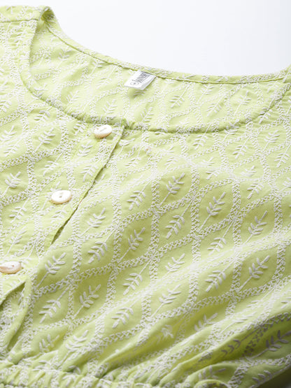 Jainish Women's Chikankari Work Empire Top - Green