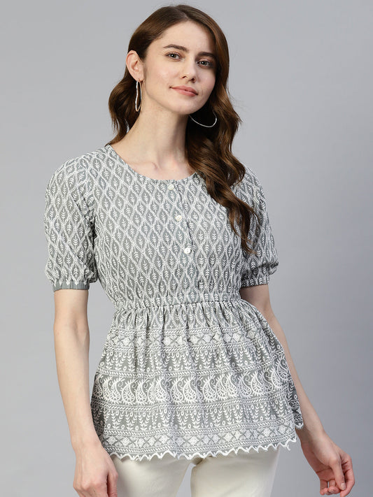 Jainish Women's Chikankari Work Empire Top - Grey