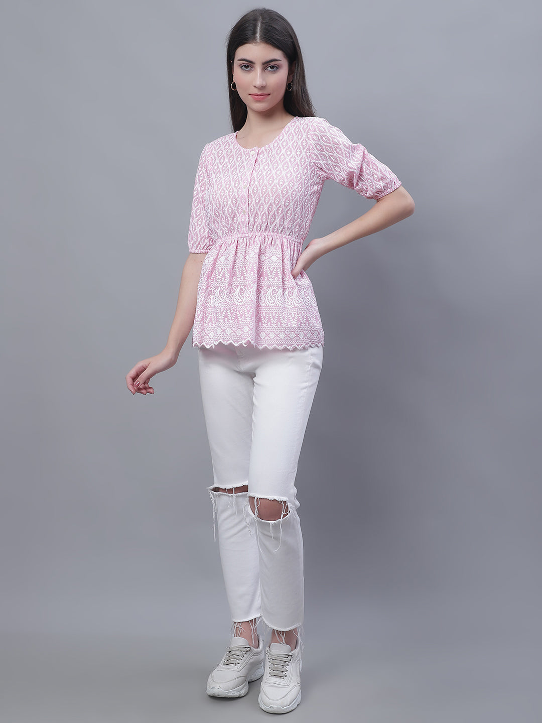 Jainish Women's WoChikankari Work Empire Top - Pink