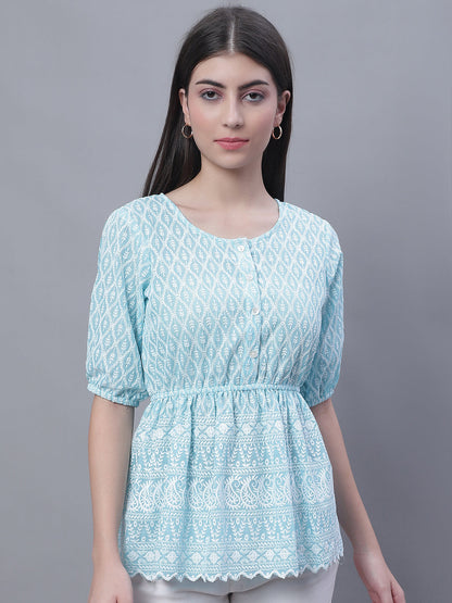 Jainish Women's WoChikankari Work Empire Top - Sky Blue