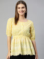 Jainish Women's Chikankari Work Empire Top - Yellow