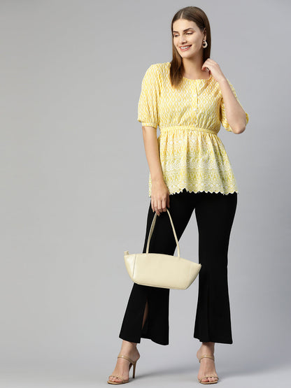Jainish Women's Chikankari Work Empire Top - Yellow