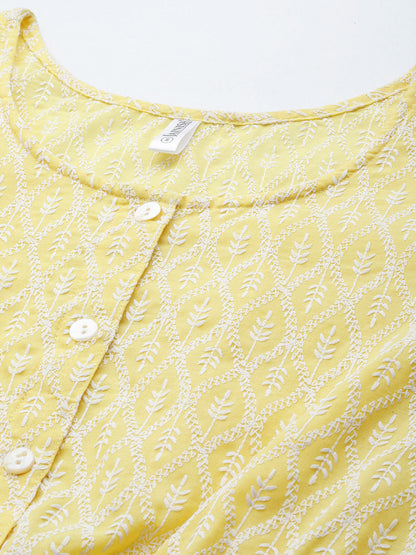 Jainish Women's Chikankari Work Empire Top - Yellow