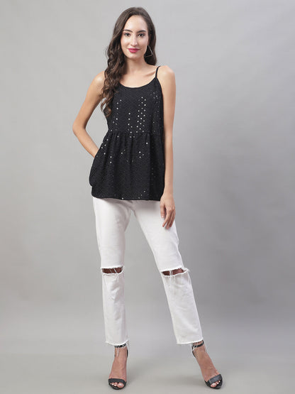 Jainish Women's WoChikankari Sequen Work Empire Top - Black