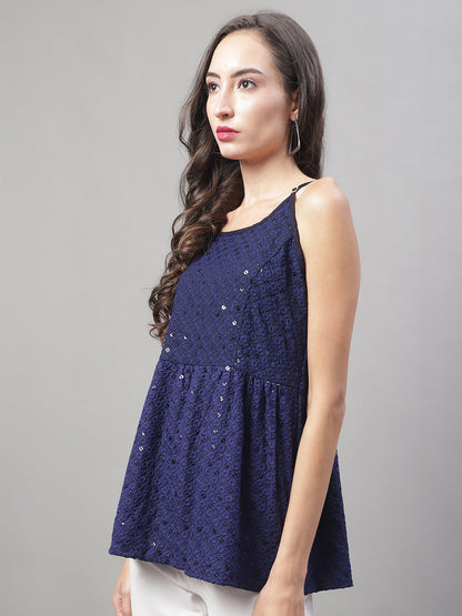 Jainish Women's WoChikankari Sequen Work Empire Top - Navy Blue