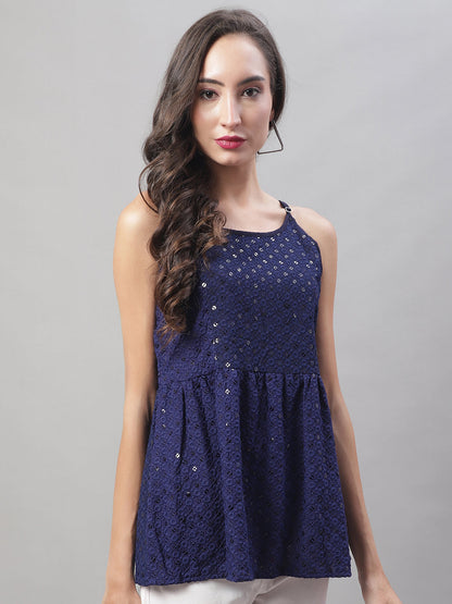 Jainish Women's WoChikankari Sequen Work Empire Top - Navy Blue
