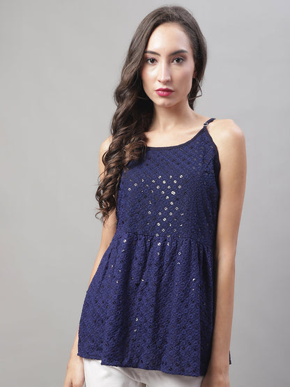 Jainish Women's WoChikankari Sequen Work Empire Top - Navy Blue