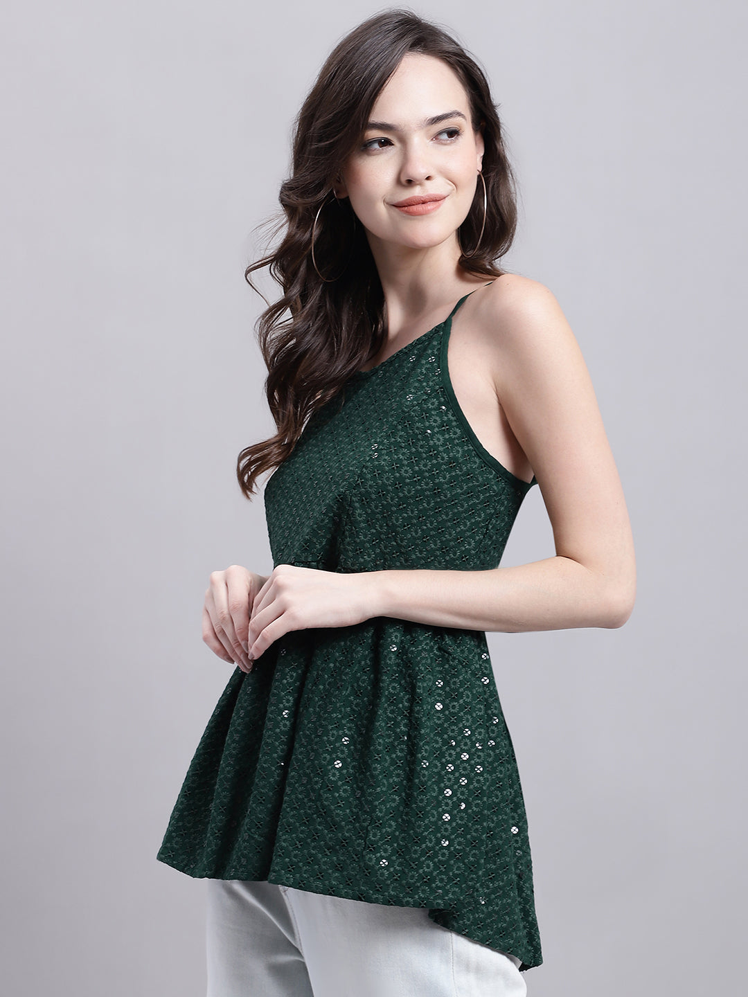 Jainish Women's WoOlive Green Chikankari Sequen Work Empire Top