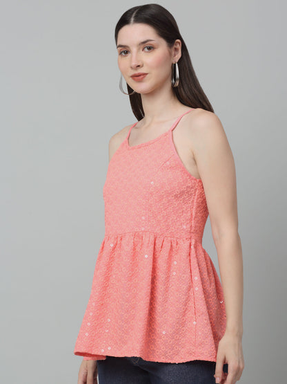 Jainish Women's WoChikankari Sequen Work Empire Top - Peach