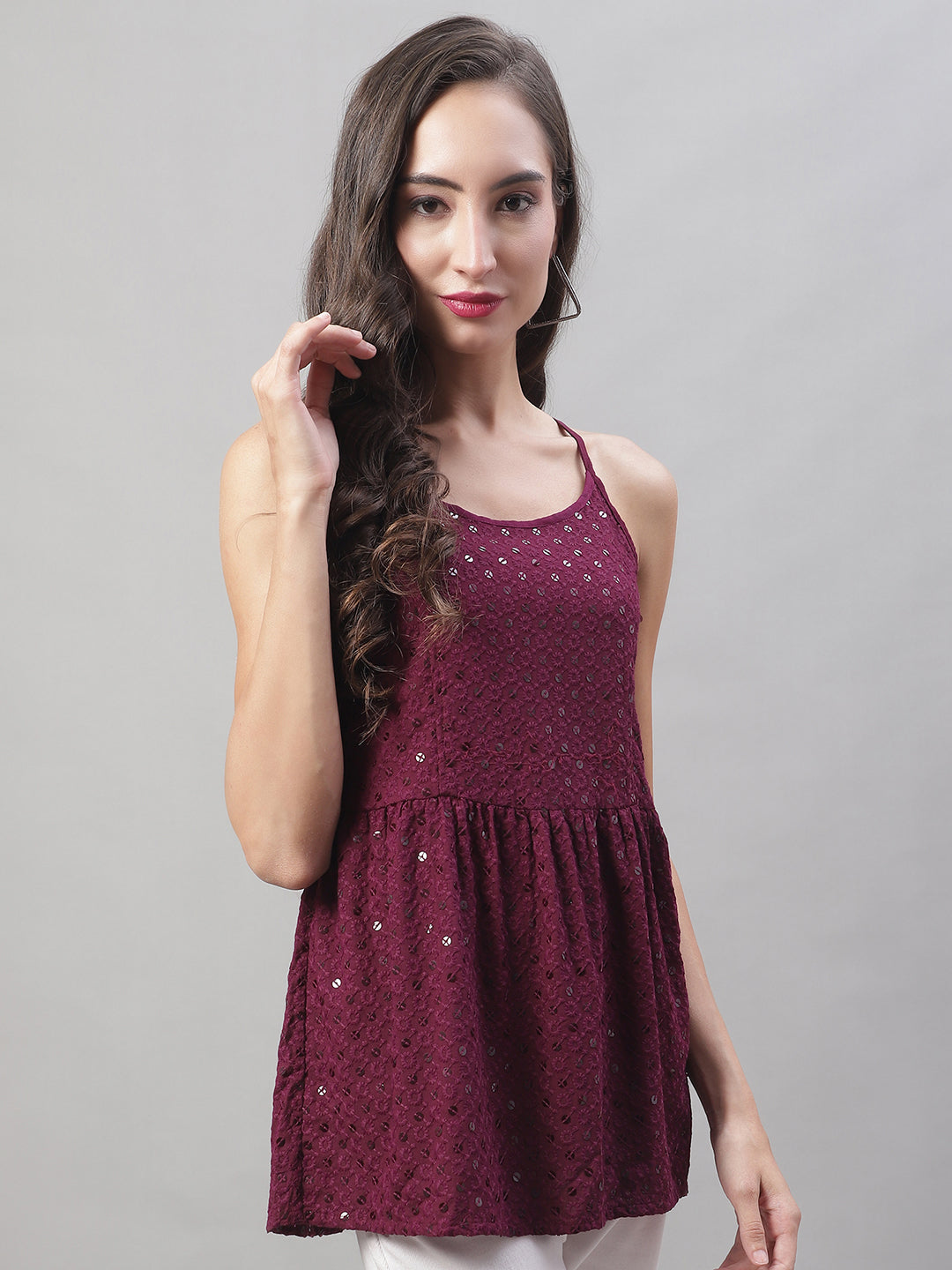 Jainish Women's WoChikankari Sequen Work Empire Top - Purple