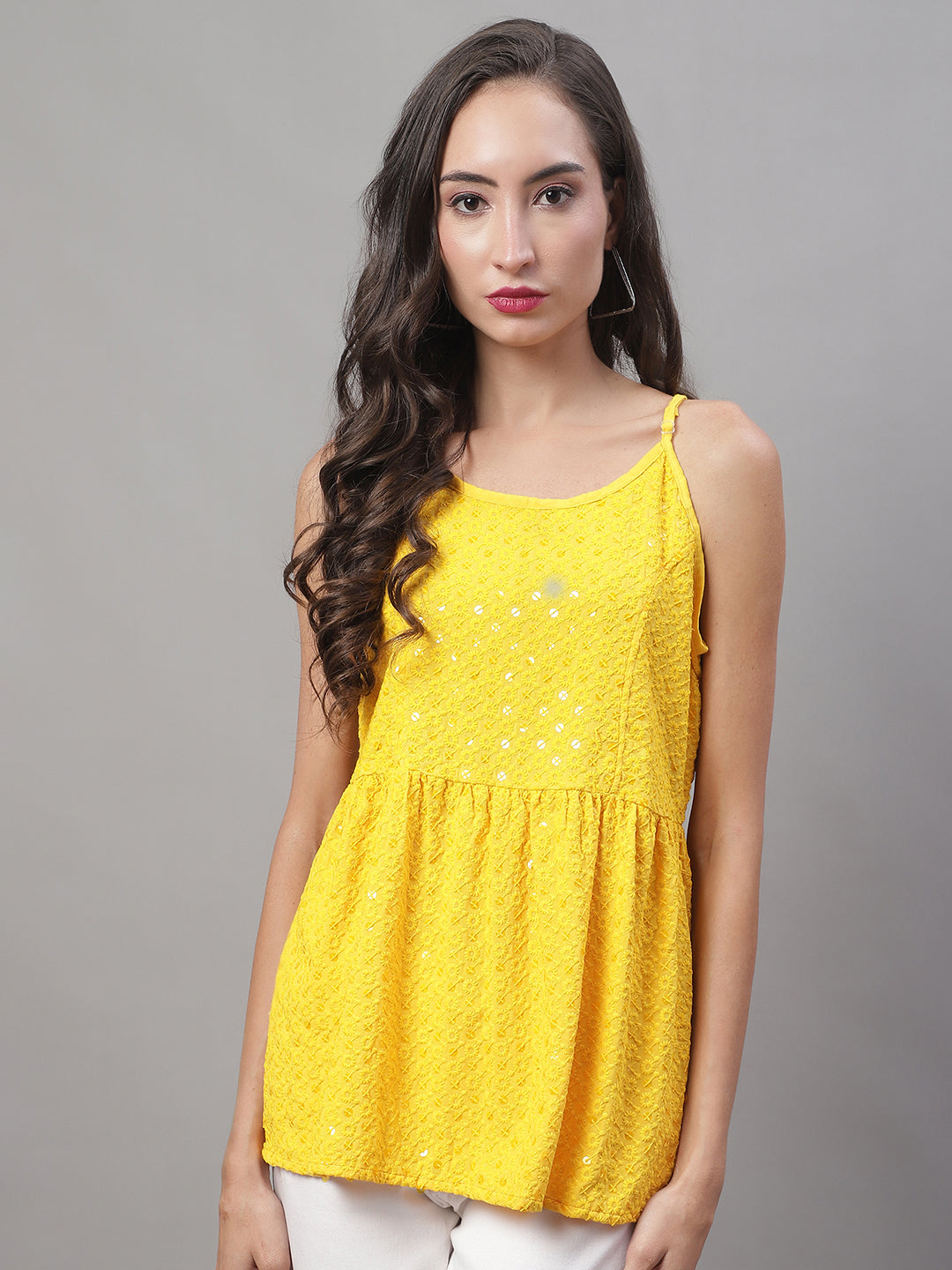 Jainish Women's WoChikankari Sequen Work Empire Top - Yellow