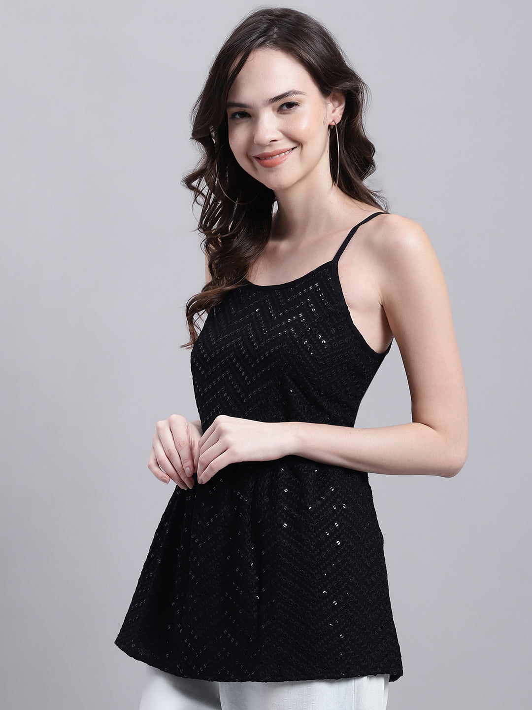 Jainish Women's WoBlack Chikankari Sequen Work Empire Top