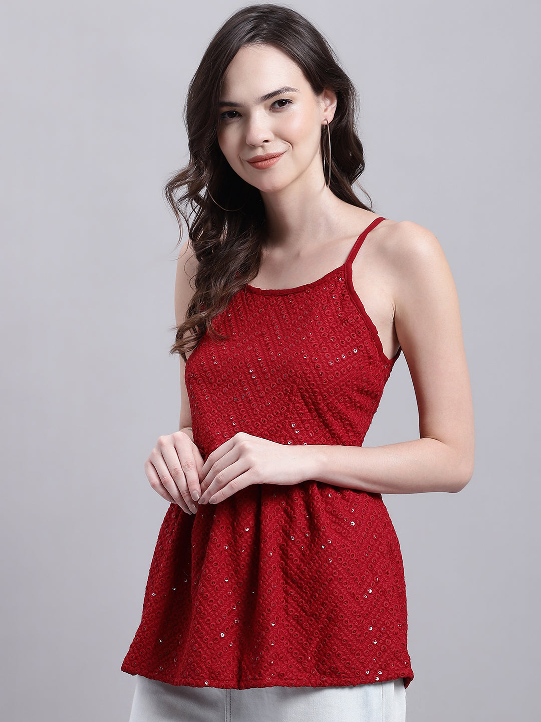 Jainish Women's WoMaroon Chikankari Sequen Work Empire Top