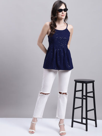 Jainish Women's WoNavy Blue Chikankari Sequen Work Empire Top