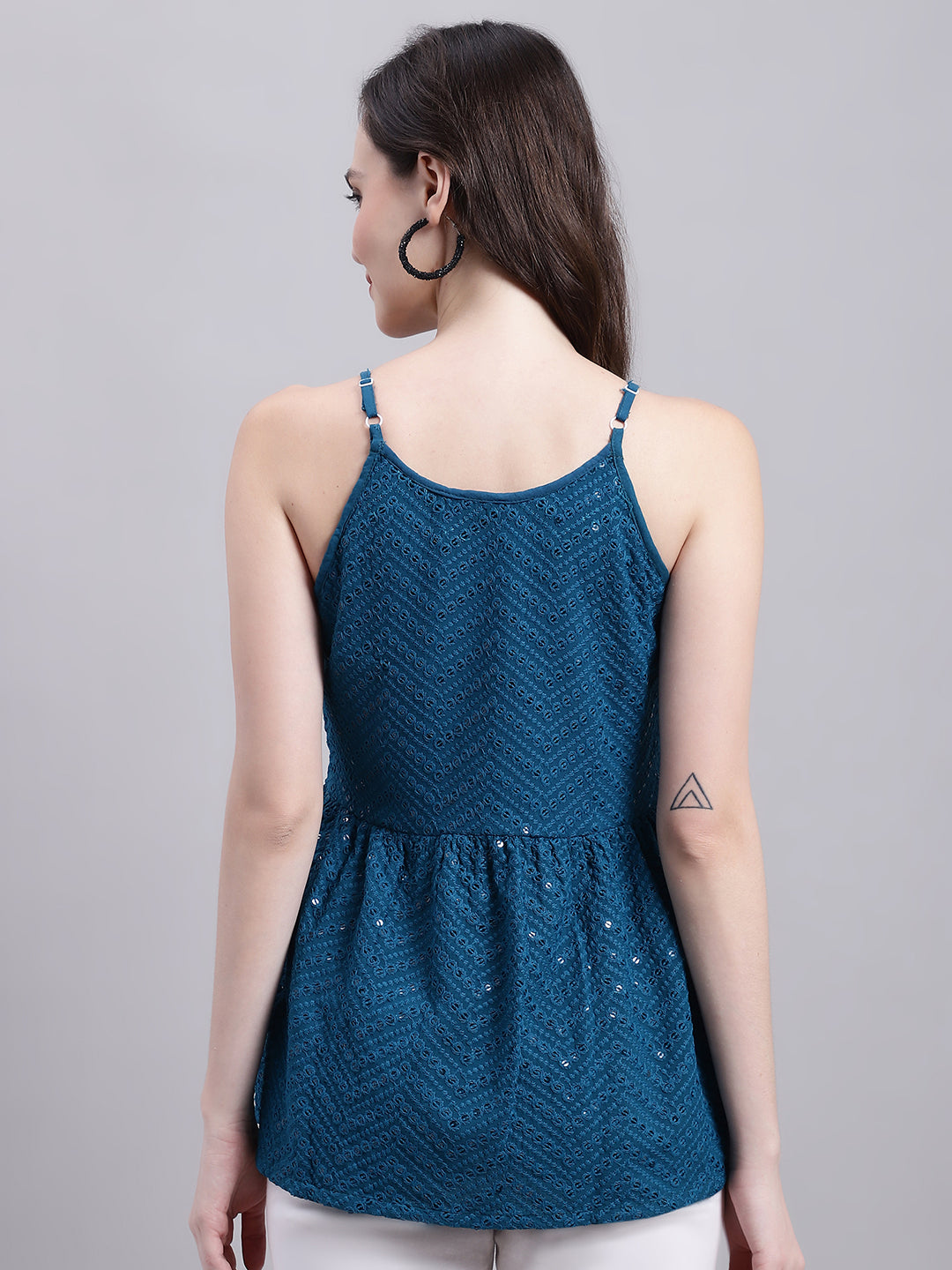 Jainish Women's WoPeacock Blue Chikankari Sequen Work Empire Top