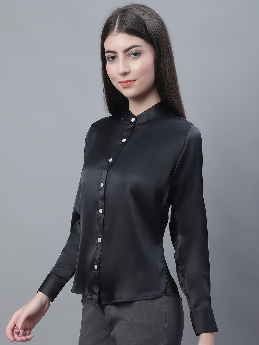 Jainish Women's Black Solid Shirt Style Top