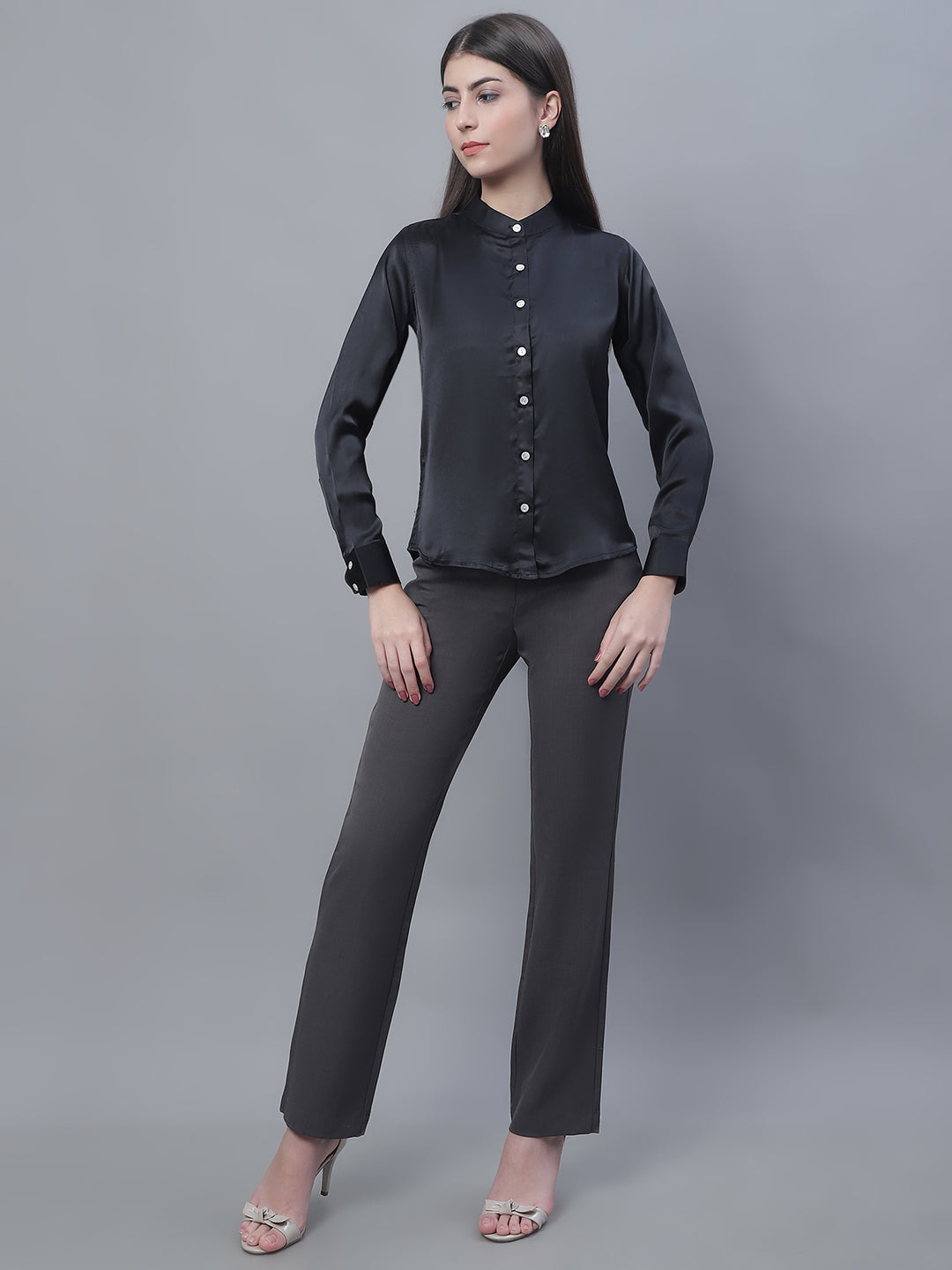 Jainish Women's Black Solid Shirt Style Top