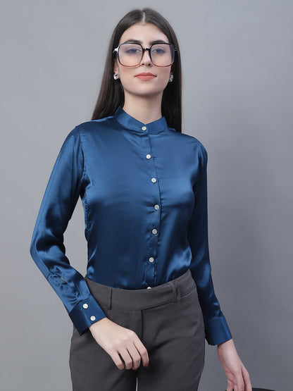 Jainish Women's Blue Solid Shirt Style Top