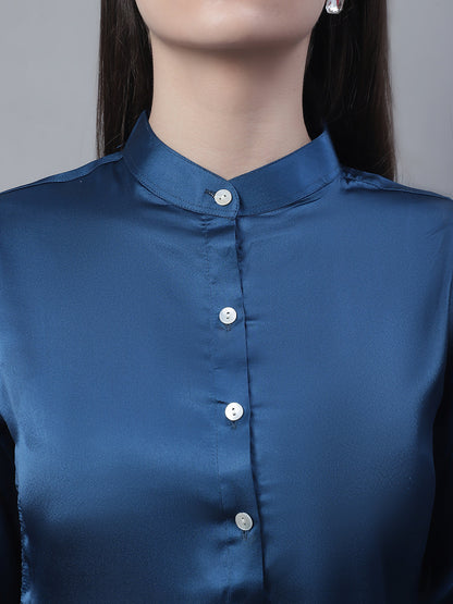 Jainish Women's Blue Solid Shirt Style Top