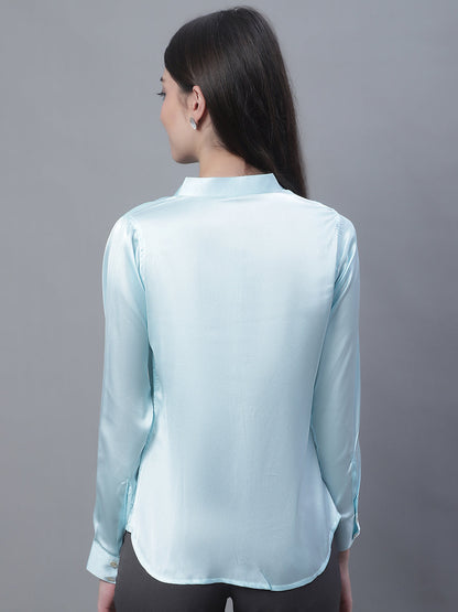 Jainish Women's Sky Blue Solid Shirt Style Top