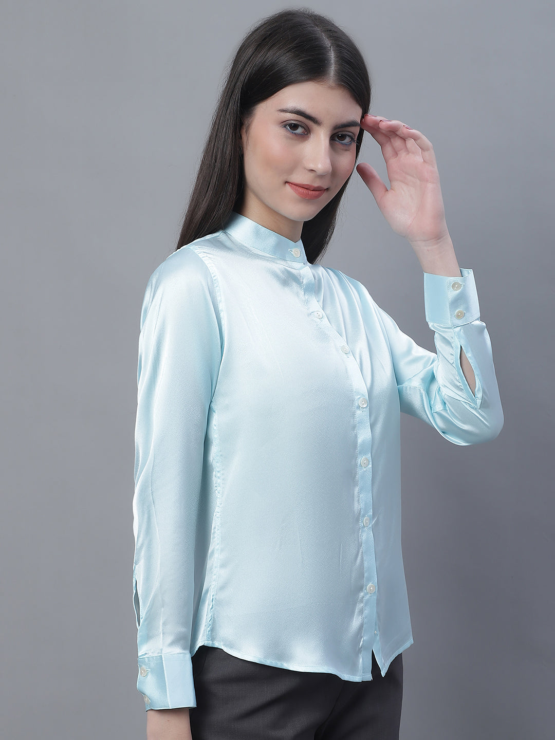 Jainish Women's Sky Blue Solid Shirt Style Top