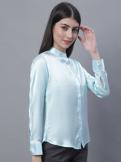 Jainish Women's Sky Blue Solid Shirt Style Top