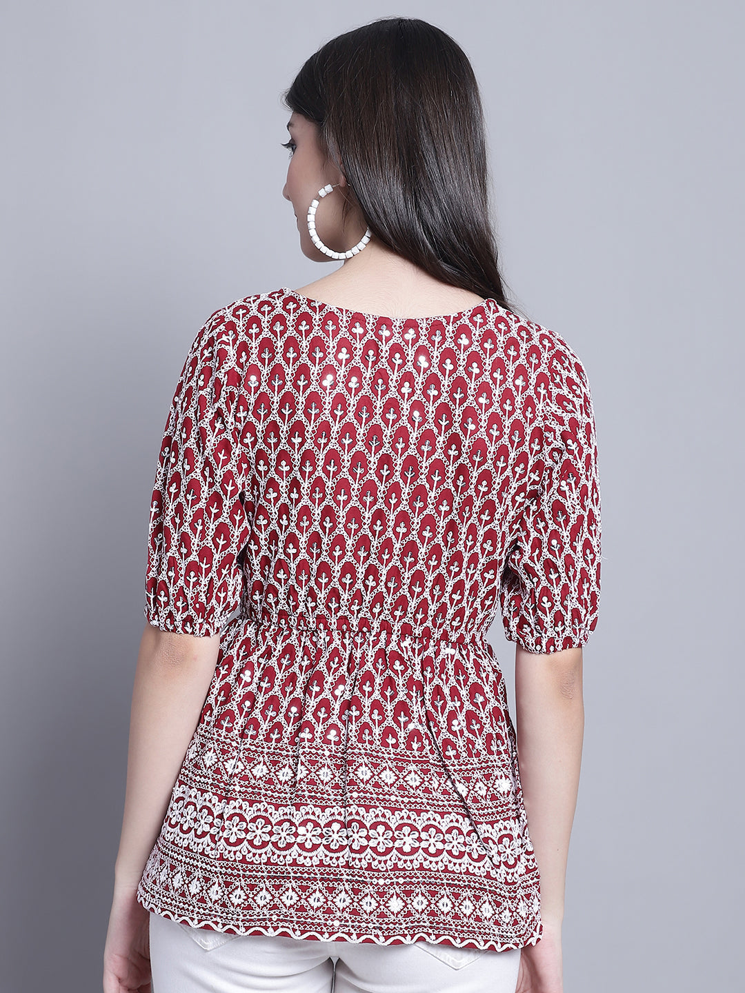 Jainish Women's WoChikankari & Sequins Work Empire Top - Maroon