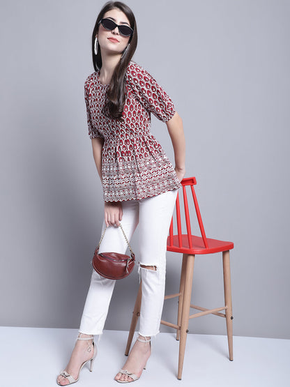Jainish Women's WoChikankari & Sequins Work Empire Top - Maroon