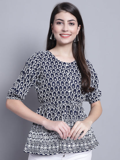 Jainish Women's WoChikankari & Sequins Work Empire Top - Navy Blue